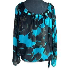 Karen Kane- Med 100% Silk- Black Teal- Beaded Neckline- Waist Tie- semi Sheer